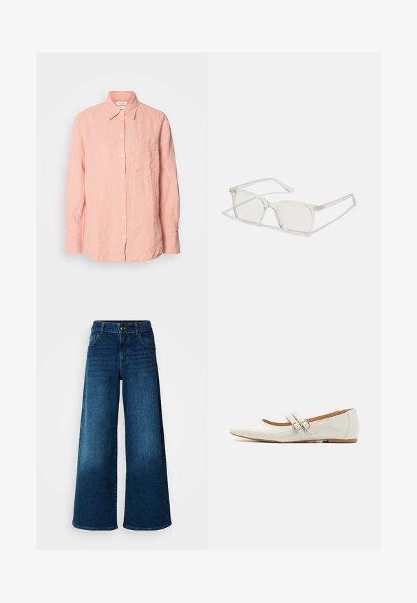 Lyserød linned skjorte med krave, knaplukning foran, lange ærmer og en lomme på venstre side. Struktureret stof med en afslappet pasform.; Viddejeans lavet af mørkeblå denim. Har høj talje, knaplukning og klassisk fem-lomme design med subtile falme.; Hvide patentlæder flade sko med spids tå, to dekorative stropper med sølvspænder og en diskret brun sål.; Klare plastiske briller med firkantet ramme og gennemsigtige linser, der har guld accenter på tempelstængerne for ekstra detaljer.