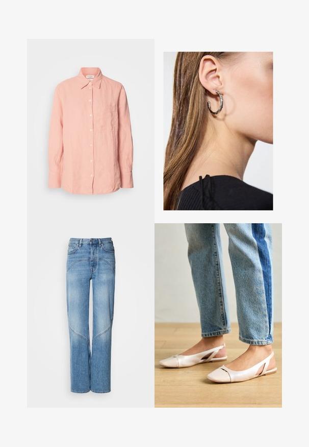 Lyserød linned skjorte med krave, knaplukning foran, lange ærmer og en lomme på venstre side. Struktureret stof med en afslappet pasform.; Lyseblå denimjeans har en afslappet pasform, brede ben og buede syninger. Stoffet har en glat tekstur med let falmning.; Lyserøde slingback flade sko med spidse tær, lavet af et glat læderlignende materiale. Har udskæringsdetaljer på siderne og en flad hæl.; Sølv hoop ørestik med en poleret overflade, prydet med små guld accenter og en rund form, båret på øreflippen.