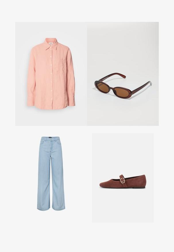 Lyserød linned skjorte med krave, knaplukning foran, lange ærmer og en lomme på venstre side. Struktureret stof med en afslappet pasform.; Lyseblå vidde jeans med høj talje, forlommer, bæltestropper og en knaplukning fra mærket Pieces.; Brun ruskind Mary Jane-flad sko med en guldspænde og sort sål på hvid baggrund.; Runde, bruntonede solbriller med en glansfuld bordeauxramme. Slanke arme med diskret brandingdetalje. Flad linsedesign.