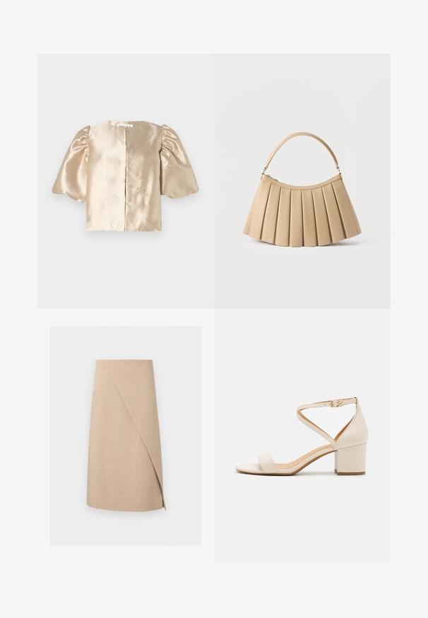 Crop top beige en satin avec des manches bouffantes, un col rond et une fermeture centrale. Le design présente une texture lisse avec un léger éclat.; Jupe portefeuille beige longueur genou avec un tissu subtilement texturé et un détail de superposition asymétrique à l'avant.; Sandales à talon bloc beiges présentant un design minimaliste, bout ouvert et une sangle de cheville ajustable avec une boucle dorée. Texture lisse.; Sac à main plissé beige avec fermeture éclair incurvée en haut et poignée arquée simple, présenté sur un fond blanc.