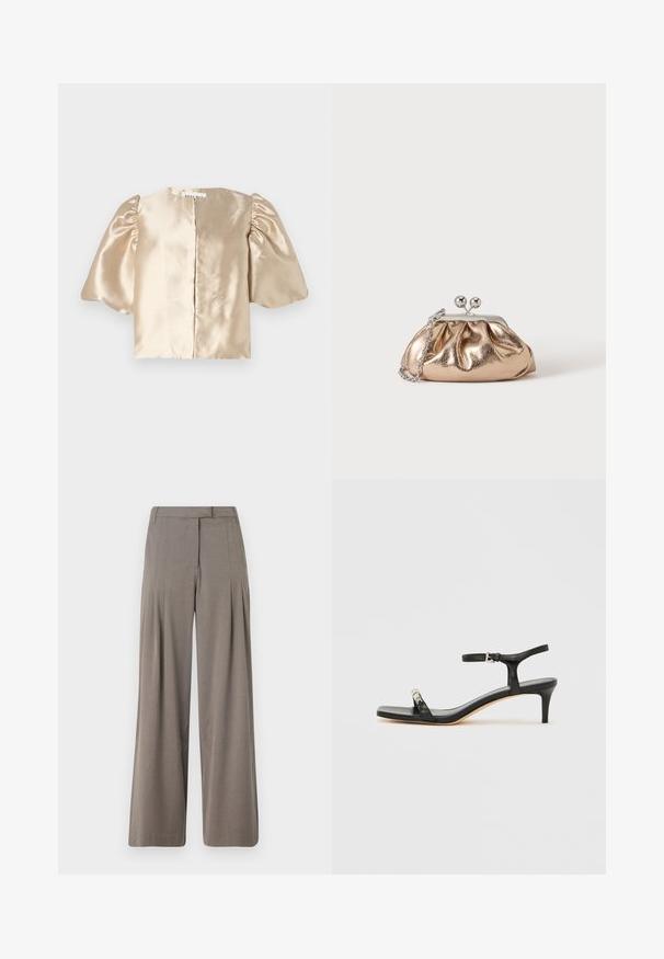 Crop top beige en satin avec des manches bouffantes, un col rond et une fermeture centrale. Le design présente une texture lisse avec un léger éclat.; Pantalons à jambe large en tissu marron clair, dotés de plis, d'un devant plat et d'un ourlet net. Texture lisse avec un léger éclat.; Sandale noire en cuir à talon avec bride à la cheville, bout ouvert, devant carré et accent en métal argenté. Design ajusté avec un profil élégant.; Petit sac pochette métallique dorée avec fermoir argenté et chaîne sur un fond clair uni.