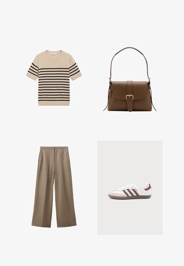 Beige trui met korte mouwen en zwarte horizontale strepen, ronde halslijn en gebreide textuur. Eenvoudig, klassiek ontwerp zonder extra accenten.; Beige broek met wijde pijpen, hoge taille en zijzakken, plat weergegeven tegen een witte achtergrond.; Witte Adidas Samba sneaker met bruine suède strepen, bruine suède neus en gumzool op een lichtgrijze achtergrond.; Bruine leren schoudertas met voorflap en gouden gesp, met verstelbare riem met gouden hardware op een witte achtergrond.