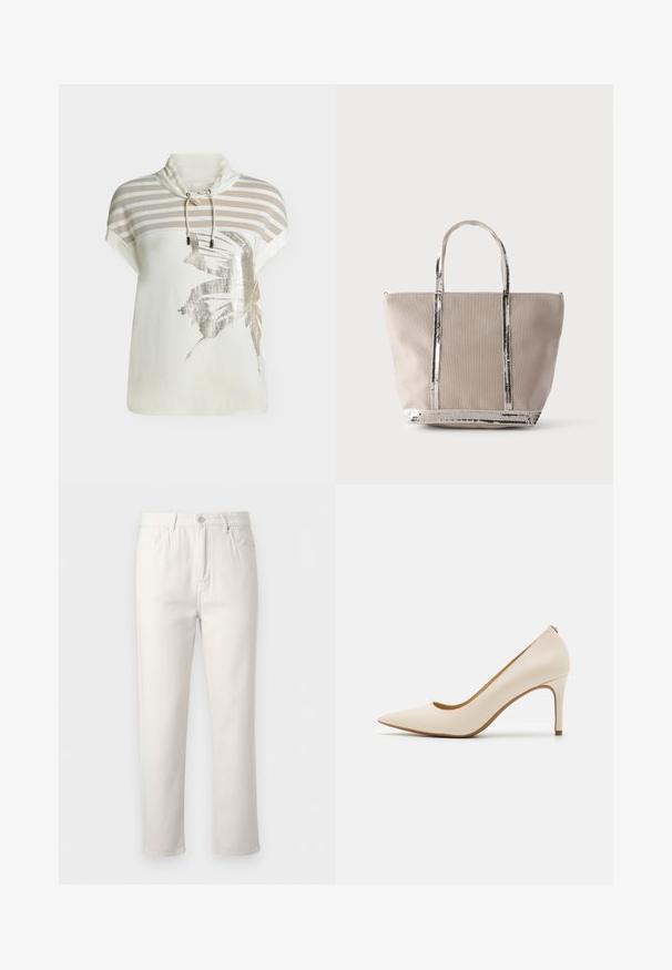 Haut blanc à manches courtes avec des rayures beige aux épaules, un col à cordon et un grand imprimé papillon argenté sur le devant.; Jean blanc droit avec poches avant et arrière, passants pour ceinture, et fermeture par bouton et zip.; Escarpin beige à talon haut avec un bout pointu, empeigne en cuir lisse et un talon aiguille élancé. Présente un décolleté faible à l'avant et aucun matériel visible.; Sac tote beige avec bordure en sequins argentés brillants sur les anses et le bas, présenté sur un fond uni clair.