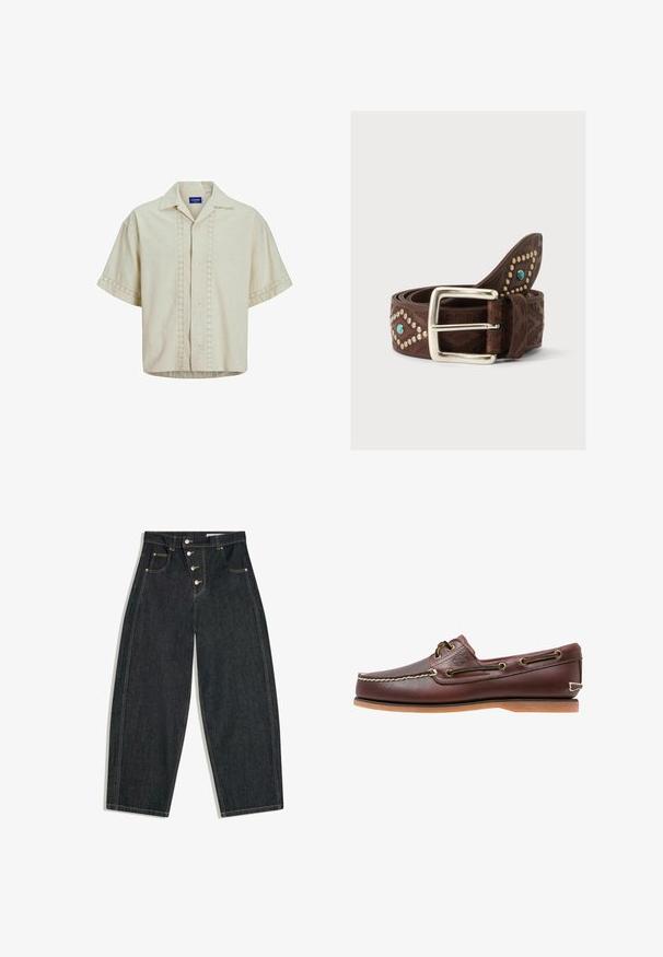 Kortærmet skjorte i beige linned med knaplukning foran, med øje-detail langs center og ærmekanter. Lige kant.; Sort, højtaljede cowboybukser i denim med vide ben, fire knapper foran, forlommer med nitter og kontrastsyning.; Brun læder bådsko med hvide sømme, snøre detaljer og lysbrun gummisål, vist fra siden på hvid baggrund.; Brunt læderbælte med sølvspænde, dekoreret med små sølvnitter og turkissten i diamantmønster, rullet mod en hvid baggrund.