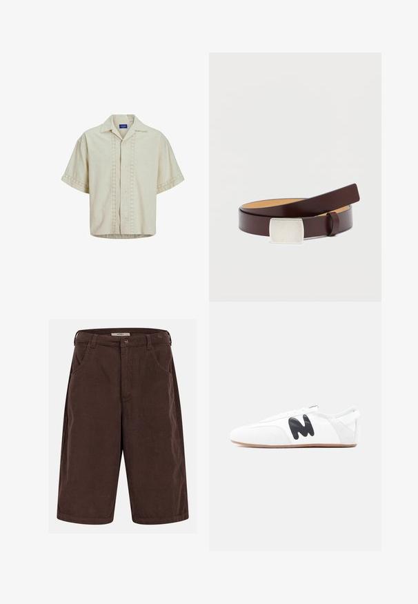 Kortærmet skjorte i beige linned med knaplukning foran, med øje-detail langs center og ærmekanter. Lige kant.; Brune knælange shorts i kordfløjl med bærestropper, forlommer, knaplukning og en etiket inde i linningen.; Hvid lavprofilsneaker med sort "M"-logo på siden og lys brun sål, set fra ydersiden på ensfarvet baggrund.; Brunt læderbælte med en rektangulær sølvspænde, glat tekstur og en kontrasterende lysere inderforing. Enkel, klassisk design.