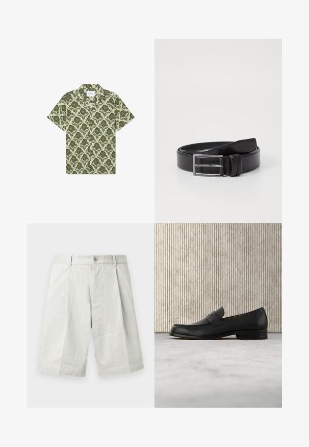 Kortærmet skjorte med et grønt blomstermønster på en lys beige baggrund. Har en krave og et mærke med teksten "Les Deux."; Lysegrå shorts lavet af tekstureret stof med knaplukning, plisseringer og lige snit, velegnet til afslappet brug.; Sort lædersko i loafer-stil svæver over et beige tæppe med et blankt brunt rundt bord i baggrunden.; Sort læderbælte med en glat overflade, der har en sølv rektangulær spænde og dobbelt prong detalje. Klassisk og alsidig design.