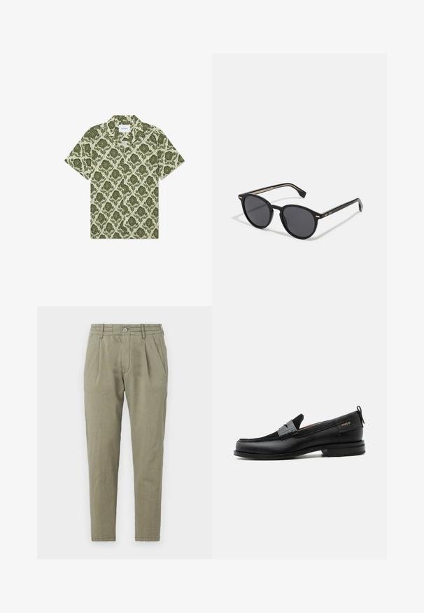 Camisa de manga corta con un patrón floral verde sobre un fondo beige claro. Presenta un cuello y una etiqueta con la inscripción "Les Deux".; Pantalones verde claro, ajustados y de tiro recto, hechos de una tela texturizada, con cierre de botón, frente con pliegues y bolsillos laterales.; Mocasín de cuero negro con detalle de tira gris, tacón bajo y suela texturizada, con la marca "HUGO" en oro en el lateral.; BOSS Gafas de sol - black