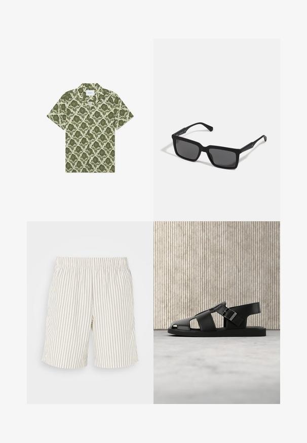 Camisa de manga corta con un patrón floral verde sobre un fondo beige claro. Presenta un cuello y una etiqueta con la inscripción "Les Deux".; Pantalones cortos a rayas con un tejido ligero y transpirable. Color blanco sucio con finas rayas verticales en gris. Cintura elástica.; Sandalia de cuero negro con hebilla, diseño de punta abierta, exhibida sobre una alfombra beige con fondo de muebles marrones desenfocados.; Gafas de sol negras con lentes rectangulares, acabado mate, montura gruesa y brazos delgados con un discreto detalle de marca.