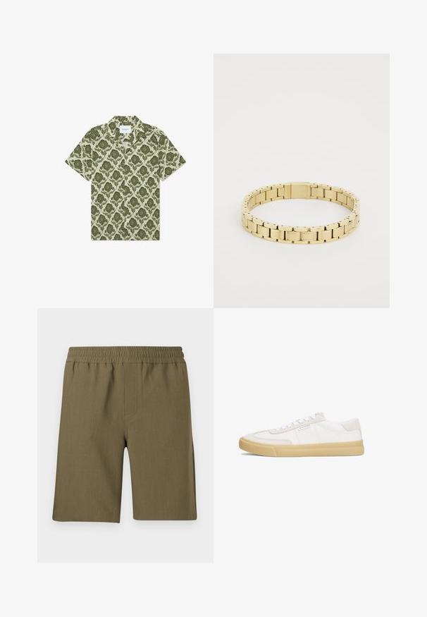 Chemise à manches courtes avec un motif floral vert sur fond beige clair. Dotée d'un col et d'une étiquette portant la mention "Les Deux."; Samsøe Samsøe SMITH - Short - four leaf clover; Baskets blanches en cuir et daim, avec un design à lacets, une semelle en caoutchouc beige et un petit logo sur le côté.; BOSS LINKS ESSENTIAL - Bracelet - gold-coloured