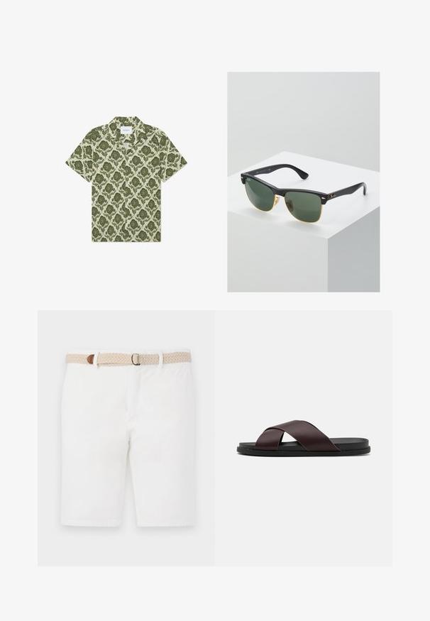 Kurzärmeliges Hemd mit grünem Blumenmuster auf einem hellbeigen Hintergrund. Verfügt über einen Kragen und ein Etikett mit der Aufschrift "Les Deux".; Weiße Baumwollshorts mit einem gewebten beigen Gürtel mit braunen Akzenten. Die Shorts haben ein sauberes Design und eine glatte Textur.; Braune, Riemchensandale mit mattem Finish, flacher schwarzer Sohle und glatter Textur. Minimalistisches Design ohne sichtbare Beschläge.; Ray-Ban Sonnenbrillen mit grünen Gläsern, schwarzen Kunststoffrahmen und goldenen Akzenten an den Rändern. Quadratische Form mit matter Oberfläche.