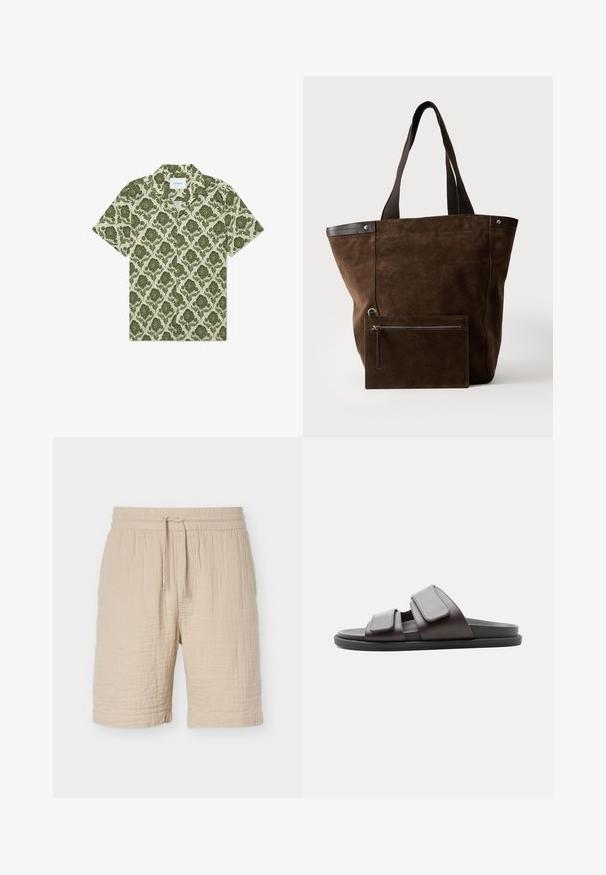 Kortærmet skjorte med et grønt blomstermønster på en lys beige baggrund. Har en krave og et mærke med teksten "Les Deux."; Beige bomuldsblandede shorts med elastisk taljebånd, justerbar snøre, tekstureret stof og knælængde.; Mørkebrun slidesandal med to brede justerbare velcro-remme og en sort sål, vist fra siden på hvid baggrund.; Mørkebrun ruskindstaske med sorte håndtag og en tilsvarende rektangulær lynlåspung fastgjort foran.