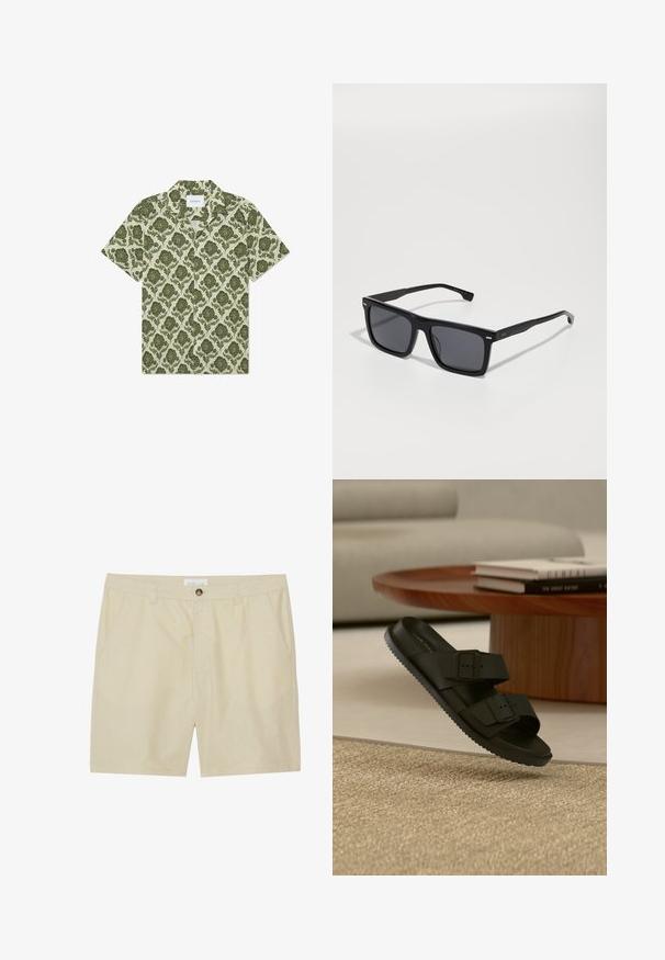 Kortærmet skjorte med et grønt blomstermønster på en lys beige baggrund. Har en krave og et mærke med teksten "Les Deux."; Beige shorts lavet af letvægtsstof, med flad front, sidelommer og en enkelt knaplukning ved taljen.; Sort dobbeltrem sandal med spænder på beige vævet tæppe, rundt træbord med stabler af bøger i baggrunden.; Sorte firkantede solbriller med mørke linser. Lavet af plastik, med teksturerede sider og et minimalistisk design. Accenter nær hængslerne.