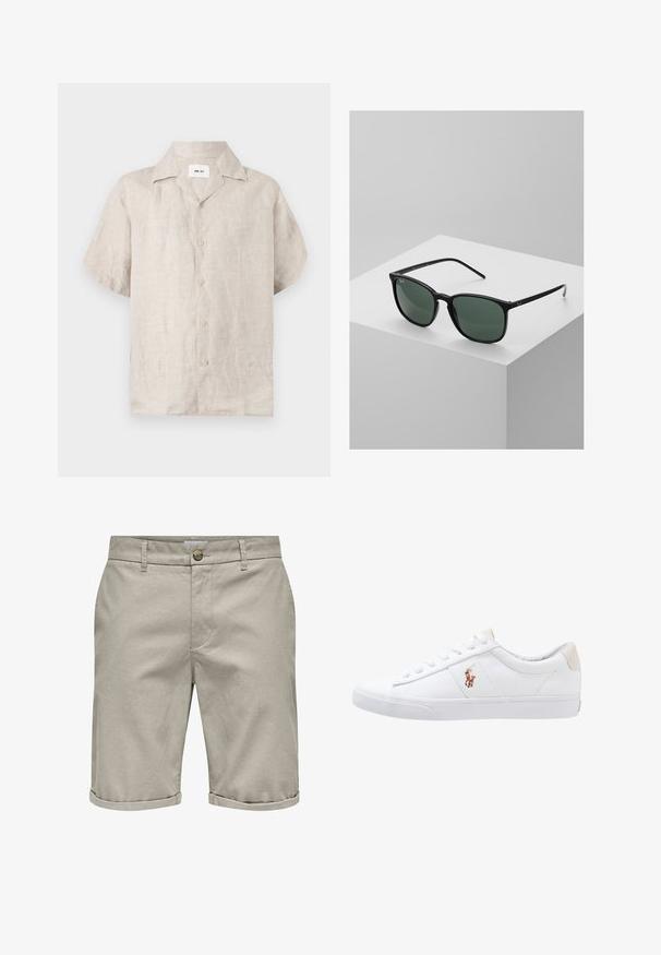 Chemise en lin beige à manches courtes avec col et boutons devant, avec une étiquette blanche visible à l’intérieur du col indiquant « NN.07 ».; Shorts en coton beige avec un motif texturé, coupe droite, bouton avant unique et ourlet roulé. Dotés de poches latérales et arrière.; Baskets en toile blanches avec un design basse, présentant un onglet de talon beige et un petit logo brodé sur le côté. Semelle en caoutchouc.; Lunettes de soleil rectangulaires noires avec des verres vert foncé, dotées d'une monture en plastique léger et d'accents argentés sur les branches.