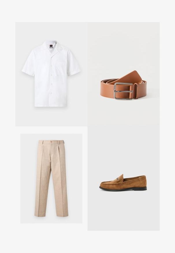 Chemise blanche pour homme à manches courtes, boutonnée à l'avant, avec une poche frontale et un col club.; Pantalon beige à jambes droites avec plis, fermeture par bouton, passants pour ceinture et coupe ajustée.; Mocassin pour homme en daim marron avec détail tressé sur le dessus et semelle noire, présenté de profil sur un fond uni gris clair.; Ceinture en cuir marron clair enroulée avec une boucle métallique rectangulaire argentée brillante sur fond blanc.