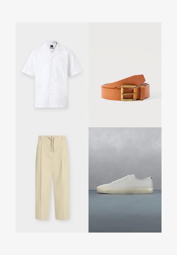 Chemise blanche pour homme à manches courtes, boutonnée à l'avant, avec une poche frontale et un col club.; Pantalon beige droit avec passants pour ceinture et nouage à l'avant, présentant un design épuré et ajusté ainsi qu'un tissu texturé.; Baskets en cuir blanc avec lacets flottant au-dessus de carreaux en bois carrés et de petits cailloux, avec un arbre et un fond gris.; Ceinture en cuir marron roulée avec une boucle rectangulaire en or gravée de "BOSS" dans le coin inférieur droit de la boucle.