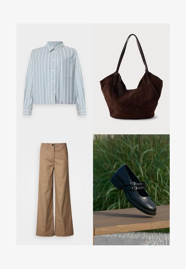 Lichtblauw, cropped shirt met witte verticale strepen, een knoopsluiting aan de voorkant, kraag en een borstzak aan de linkerkant. Gemaakt van een zachte, gestructureerde stof.; Wijde broek gemaakt van een gladde, tan stof. Voorzien van een sluiting met knoop aan de voorkant, riemlussen en zijzakken. Strakke lijnen zonder zichtbare patronen.; Zwarte leren Mary Jane-schoen met dubbele gespsluitingen en brogue-details, zwevend boven een houten bankje met groene grasachtergrond.; Bruine suède handtas met een zachte, slungelige vorm. Voorzien van leren handvatten en een tagaccent. Eenvoudige textuur met gebogen naden.