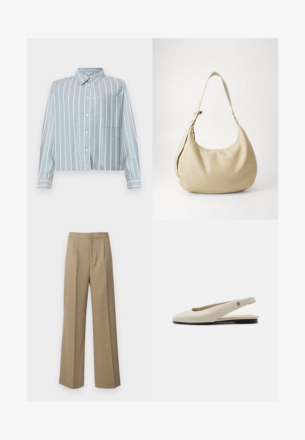 Camisa recortada de color azul claro con rayas verticales blancas, con botones en el frente, cuello y un bolsillo en el pecho izquierdo. Hecha de una tela suave y texturizada.; Pantalones de pierna ancha en color beige, confeccionados con una tela texturada. Cuentan con pliegues frontales y una cinturilla plana. Sin cierres visibles ni bolsillos.; Zapato plano slingback de cuero color crema con puntera redondeada y pequeño emblema dorado en la correa.; Bolso de hombro de cuero beige con forma curva, correa ajustable y detalle de logo en relieve, que presenta una textura suave y un diseño minimalista.