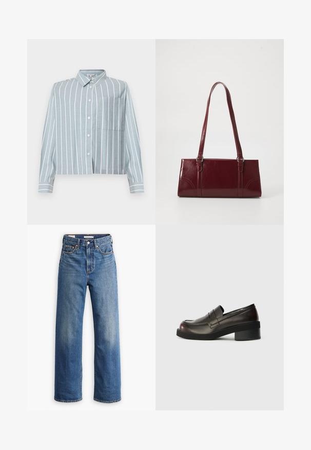 Hellblaues kurz geschnittenes Hemd mit weißen vertikalen Streifen, Knopfverschluss, Kragen und einer Brusttasche auf der linken Seite. Gefertigt aus einem weichen, strukturierten Stoff.; Hellblaue Jeans aus Denim mit hoher Taille, weitem Bein, klassischem Fünf-Taschen-Design und subtilen Verwaschungen im Stoff.; Dunkelbraune Leder Slipper mit abgerundetem Zehenbereich, gestickten Details und einem moderaten Blockabsatz. Glatte Textur, minimalistisches Design.; Burgunderfarbene Handtasche aus glänzendem Material, rechteckige Form, mit zwei Schulterriemen und subtilen, geschwungenen Akzenten an der Vorderseite.