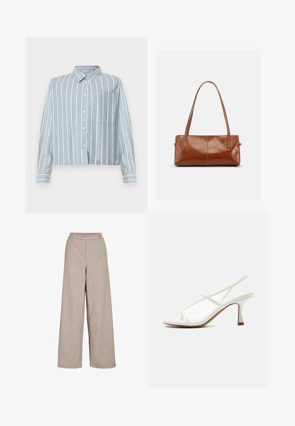 Lichtblauw, cropped shirt met witte verticale strepen, een knoopsluiting aan de voorkant, kraag en een borstzak aan de linkerkant. Gemaakt van een zachte, gestructureerde stof.; Beige wijde broek gemaakt van lichtgewicht stof. Heeft een gladde textuur, een aansluitende taille en zijzakken voor functionele details.; Witte dames open teen sandaal met hak en dunne gekruiste bandjes en slingback op een lichte achtergrond.; Rechthoekige bruine leren handtas met twee lange schouderriemen, een gladde glanzende afwerking en een minimalistisch ontwerp op een effen achtergrond.
