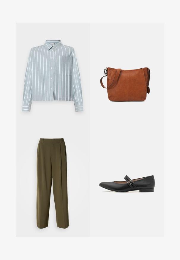 Lichtblauw, cropped shirt met witte verticale strepen, een knoopsluiting aan de voorkant, kraag en een borstzak aan de linkerkant. Gemaakt van een zachte, gestructureerde stof.; Olijfgroene wijde broek van een gladde stof, met een hoge taille, plooien aan de voorkant en zijzakken voor functionaliteit.; Zwarte leren Mary Jane-stijl schoen met puntige neus, twee riempjes met gesp, lage hak en een gladde textuur. Ontworpen voor een formele uitstraling.; Bruine leren schoudertas met een gebogen vorm, verstelbare schouderriem en minimale stikdetails, met een ruime binnenkant.