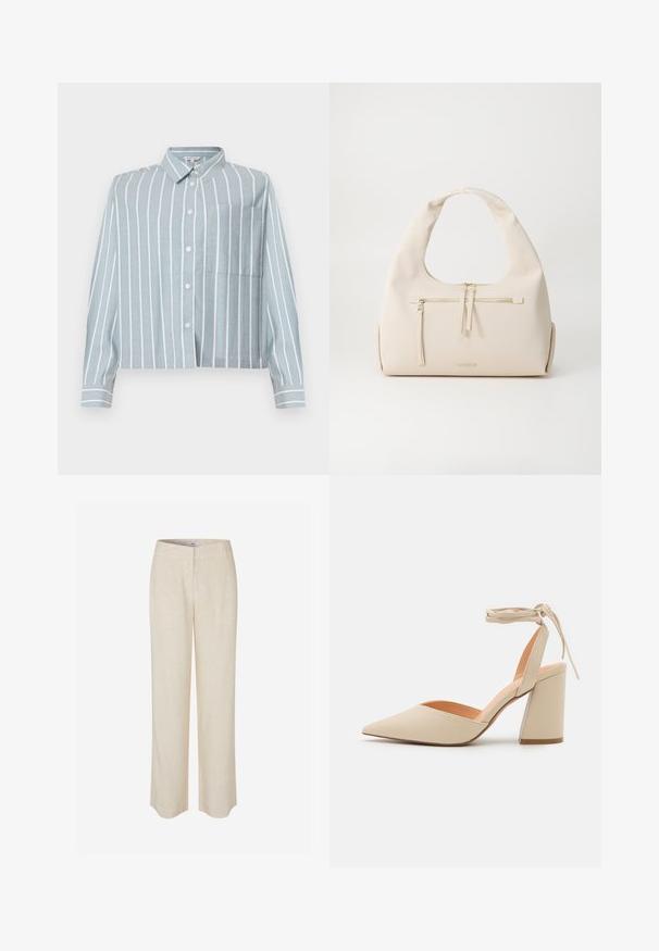 Lichtblauw, cropped shirt met witte verticale strepen, een knoopsluiting aan de voorkant, kraag en een borstzak aan de linkerkant. Gemaakt van een zachte, gestructureerde stof.; Beige linnen broek met een recht model, voorzien van een gladde textuur en een lichte glans. Voorzien van een tailleband en onopvallende voorzakken.; Beige hoge hak schoen met een puntige neus, enkelriempje en een brede blokhak. Glad synthetisch materiaal met een matte afwerking.; Beige leren handtas met een gebogen schouderband, uitgerust met een voorzak met ritssluiting en subtiele gouden accenten. Gladde textuur en minimalistisch ontwerp.