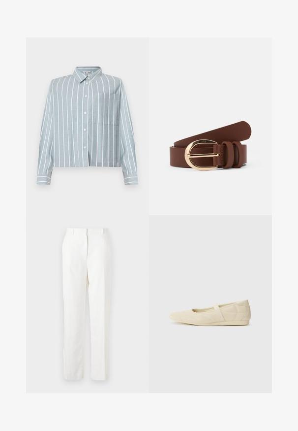 Camisa recortada de color azul claro con rayas verticales blancas, con botones en el frente, cuello y un bolsillo en el pecho izquierdo. Hecha de una tela suave y texturizada.; Pantalones blancos de pierna recta hechos de una tela ligera con una ligera textura. Presentan bolsillos frontales y un solo pliegue para un detalle adicional.; Bailarinas beige con un exterior de cuero liso, punta en forma de almendra y una correa elástica en el empeine, con detalles de costura sutiles.; Cinturón de cuero marrón con una hebilla dorada brillante y dos lazos de cuero. Textura suave, diseño plano y extremos redondeados.