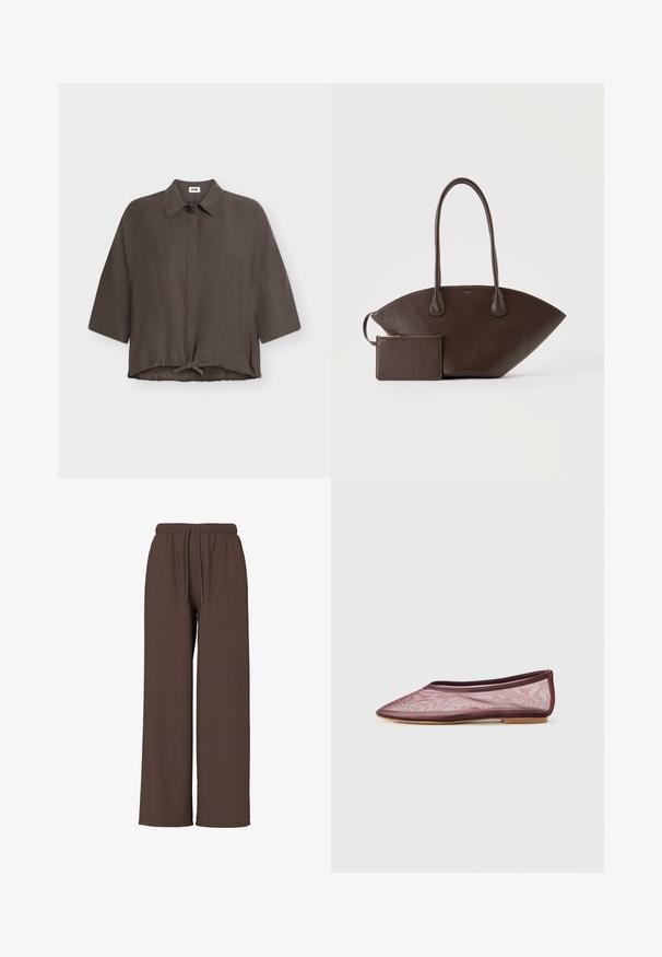 Chemise gris foncé à coupe ample, manches courtes, boutonnée devant, col et cordon de serrage à l’ourlet, présentée sur fond blanc.; Pantalon large marron avec taille élastique et cordon, présenté sur un fond blanc uni. Aucun logo ou motif visible.; Ballet plat en maille bourgogne avec un bout pointu et une semelle fine, mettant en avant un design minimaliste et aéré.; Sac à main en cuir marron foncé avec longues poignées et petite pochette assortie zippée sur un fond clair uni.