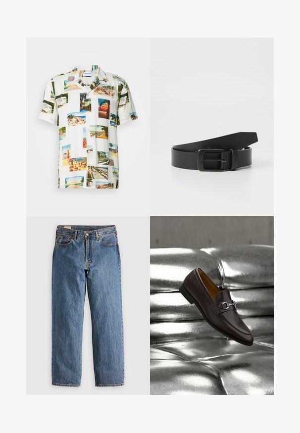 Hvid kortærmet skjorte med et collage af fotografier af tropiske scener i forskellige farver. Letvægtsstof, knaplukning foran og afslappet pasform.; Blå denimjeans med lige snit, der har høj talje, kobbernitter og orange syninger. Foran og bagpå er der lommer.; Mørkebrun læderloafer med sølvmetal spænde hvilende på en skinnende, metalisk sølv tuftet overflade, vinklet for at vise side- og topdetaljer.; Sort læderbælte med spænde i mat sort metal, der har en glat tekstur og enkelt design. Justerbar længde med en tilspidset ende.