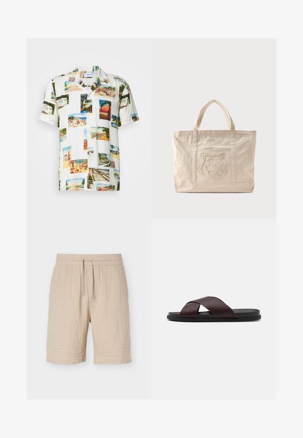 Camisa blanca de manga corta que presenta un collage de fotografías de paisajes tropicales en varios colores. Tejido ligero, cierre frontal de botones y ajuste relajado.; Pantalones cortos beige de mezcla de algodón con cintura elástica, cordón ajustable, tela texturizada y bajo a la altura de la rodilla.; Sandalia deslizante de tiras cruzadas en color marrón con acabado mate, suela negra plana y textura suave. Diseño minimalista sin herrajes visibles.; Bolsa tote de lona beige con asas dobles y un diseño en relieve de la cabeza de un lobo en el bolsillo frontal.