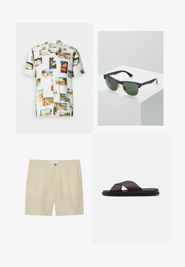 Camisa blanca de manga corta que presenta un collage de fotografías de paisajes tropicales en varios colores. Tejido ligero, cierre frontal de botones y ajuste relajado.; Shorts beige hechos de una tela ligera, con un diseño frontal plano, bolsillos laterales y un cierre de botón en la cintura.; Sandalia deslizante de tiras cruzadas en color marrón con acabado mate, suela negra plana y textura suave. Diseño minimalista sin herrajes visibles.; Gafas de sol Ray-Ban con lentes verdes, montura de plástico negro y acentos dorados en los bordes. Forma cuadrada con acabado mate.