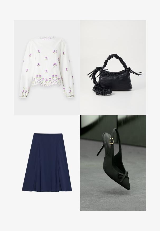 Blusa blanca con mangas largas y abullonadas. Presenta bordado floral en color púrpura y un dobladillo con forma de onda. Tejido texturizado con un acabado suave.; Falda de rayas azul marino hecha de tejido ligero; presenta una textura suave, una cinturilla lisa y paneles fluidos para facilitar el movimiento.; Zapato de tacón alto negro tipo slingback con punta afilada, pequeño lazo en la parte frontal y hebilla dorada en la correa del tobillo, exhibido sobre un fondo gris.; Bolso de mano de imitación cuero negro con textura de cocodrilo, parte superior fruncida y correa arrugada. Presenta un diseño suave y compacto.