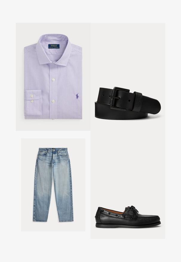 Lys lilla skjorte med hvide lodrette striber, knap-ned krave, enkelt brystlomme, med broderet logo i mørk lilla.; Lyseblå denimjeans med løs pasform. Har høj talje, fem lommer og synlige syninger. Overfladen er let tekstureret.; Sort lædermoccasin med snøredetalje og lav gummisål, vist fra siden på ensartet lys baggrund.; Sort læderbælte med sort rektangulær spænde og præget logo på bæltesløjfen, rullet sammen på en ensartet lys baggrund.
