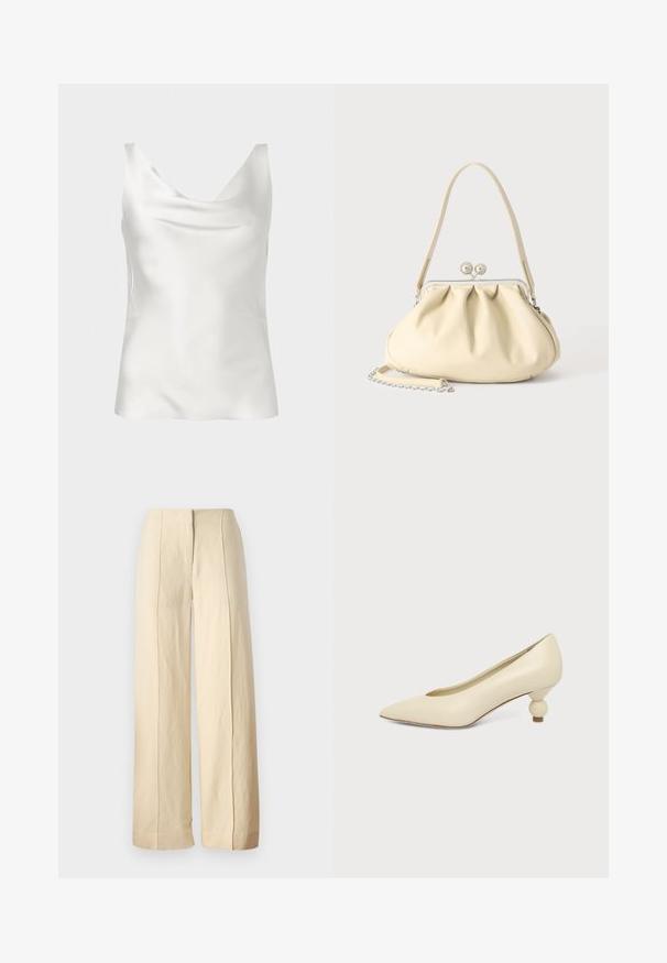 Haut caraco sans manches en satin blanc avec un décolleté drapé et une texture lisse et brillante.; Pantalons à jambes larges en tissu beige clair, avec une texture lisse et des plis avant, dotés d'une taille ajustée et sans éléments matériels visibles.; Chaussure femme couleur crème à bout pointu avec un petit talon rond en forme de boule, sur fond uni.; Sac à main en cuir souple couleur crème avec un design froncé, fermoir cadre argenté, poignée courte et bandoulière chaîne amovible.