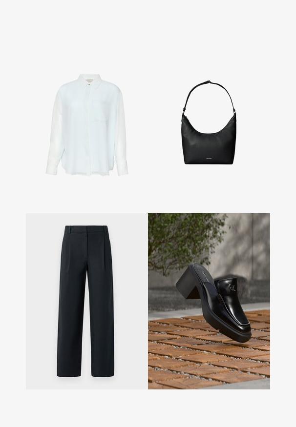 Chemise bleu clair à manches longues avec boutons, en tissu lisse et transparent. Comprend un col et une poche poitrine unique. Design décontracté.; Pantalon noir ajusté avec une coupe droite, présentant des plis avant, une texture lisse et des passants de ceinture. Pas de poches visibles.; Mule slip-on en cuir noir Calvin Klein avec talon bloc reposant sur des carreaux en bois à l'extérieur près d'une plante verte et d'un mur gris.; Sac à bandoulière en cuir noir texturé avec une sangle unique et un petit logo Calvin Klein au centre avant.