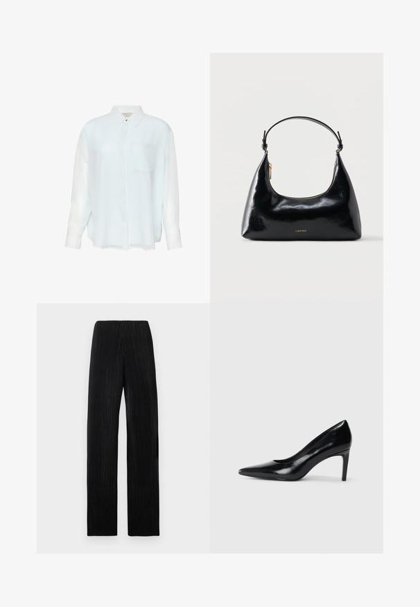 Chemise bleu clair à manches longues avec boutons, en tissu lisse et transparent. Comprend un col et une poche poitrine unique. Design décontracté.; Pantalon noir taille haute à jambes larges avec des plis verticaux subtils, présenté à plat sur un fond gris clair.; Chaussure à talon haut en cuir noir avec un bout pointu, texture lisse et un talon effilé. Design minimaliste, sans embellissements supplémentaires.; Sac à main Calvin Klein noir brillant avec fermeture éclair dorée et anse courte sur fond blanc uni.