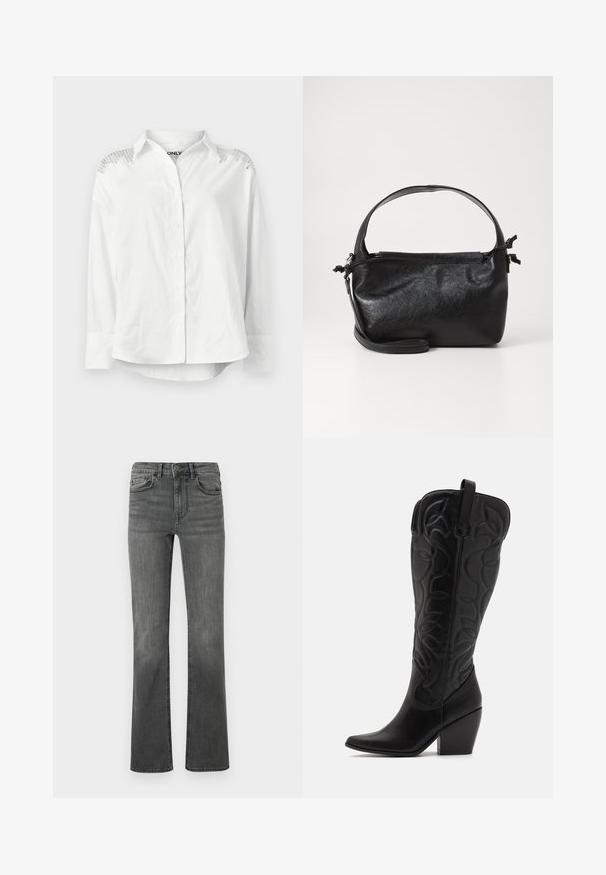 Hvid skjorte med knaplukning, struktureret krave, lange ærmer og dekorative detaljer på skuldrene. Har en afslappet pasform og glat tekstur.; Bredde jeans i mørkegrå denim med høj talje, fem lommer og en enkelt knaplukning. Glat tekstur med let falmning.; Sorte knæhøje støvler i læder med spids snude og lagdelt hæl. Har dekorative syninger og buede designelementer.; Sort læderhåndtaske med et struktureret design, rund tophåndtag og aftagelig skulderrem. Den har en glat tekstur og en subtil glans.