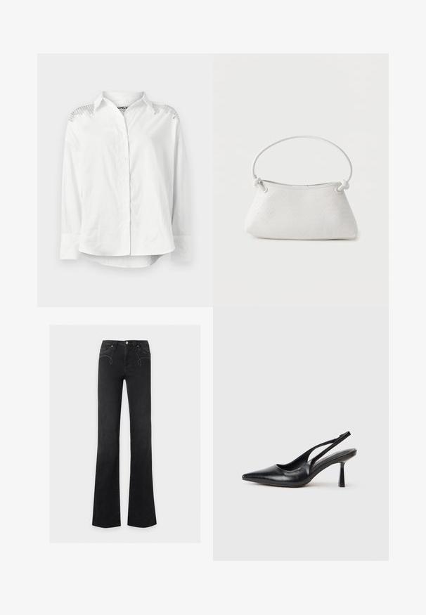 Witte blouse met een gestructureerde kraag, lange mouwen en decoratieve details op de schouders. Heeft een relaxte pasvorm en een soepele textuur.; Zwarte jeans met hoge taille en licht uitlopende pijpen, frontale knoop- en ritssluiting, voorzakken met subtiele witte stikseldetails.; Zwarte leren slingback hoge hak schoenen met puntige neus en slanke hak op een witte achtergrond.; Witte handtas van gevlochten leer met een afgeronde handgreep en uiteinden van de band die geknoopt zijn, afgebeeld tegen een effen achtergrond.
