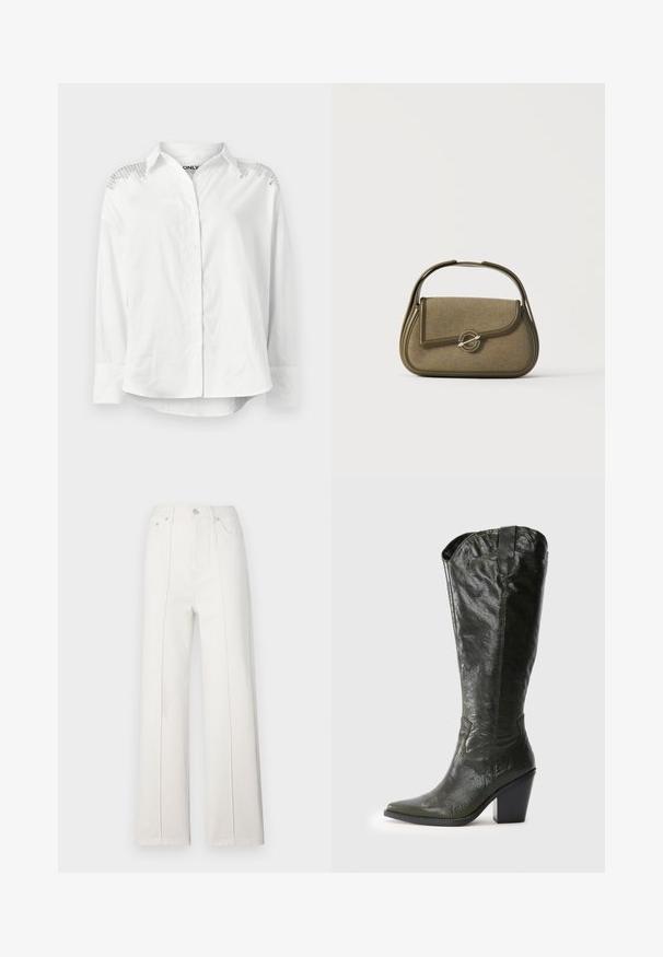 Witte blouse met een gestructureerde kraag, lange mouwen en decoratieve details op de schouders. Heeft een relaxte pasvorm en een soepele textuur.; Witte denim brede broek met een hoge taille, voorzien van verticale stiksels en een knoopsluiting aan de voorkant. Gladde textuur met een strak ontwerp.; Zwarte leren laarzen tot de knie in westerse stijl met een puntige neus en blokhak op een witte achtergrond.; Kleine olijfgroene handtas met afgeronde hoeken, een bovenhandvat en een klep met een sluiting die vastzit met een ronde metalen sluiting.
