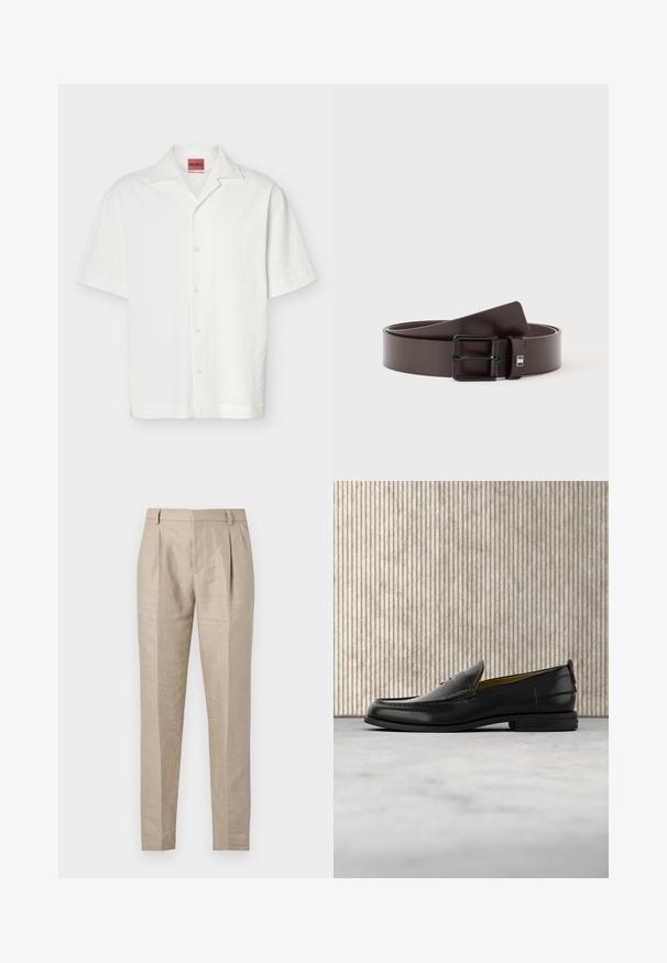 Chemise blanche à manches courtes texturée avec boutons, col camp et étiquette HUGO visible à l'intérieur de l'encolure.; Pantalon beige sur mesure avec plis devant, passants de ceinture et jambes fuselées fines sur fond blanc.; Mocassin pour homme en cuir noir avec un dessus embossé effet croco et un petit talon, présenté de profil sur un fond neutre.; Ceinture en cuir marron foncé avec une boucle métallique rectangulaire noire, enroulée sur un fond blanc.