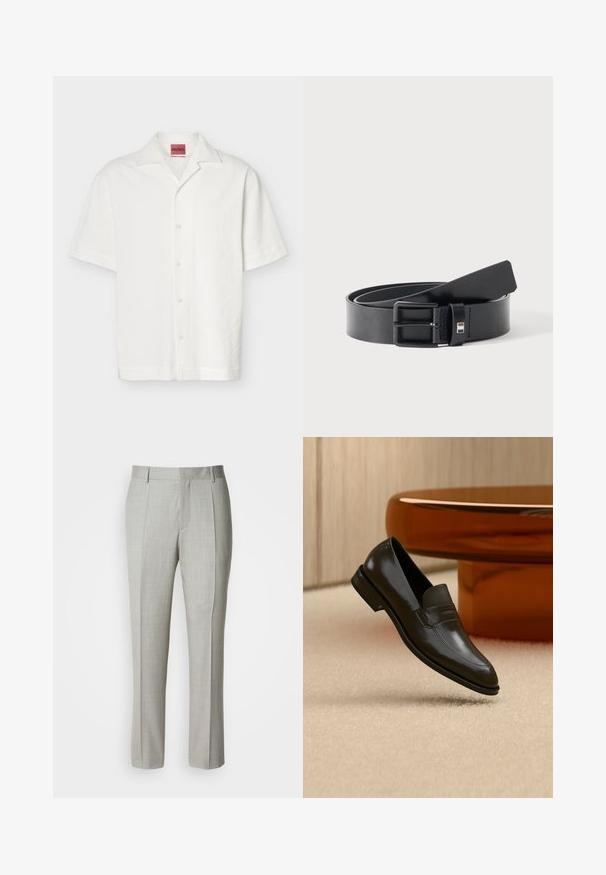 Chemise blanche à manches courtes texturée avec boutons, col camp et étiquette HUGO visible à l'intérieur de l'encolure.; Pantalon tailleur gris clair en tissu lisse, présentant une coupe droite, des plis à l'avant, et une ceinture classique avec passants pour ceinture.; Mocassin en cuir noir au design élégant, doté d'une bande texturée et d'une finition lisse. Présenté sur un fond doux et clair.; Ceinture en cuir noir avec boucle métallique noire mate, légèrement enroulée avec l'extrémité de la lanière reposant sur une surface blanche.