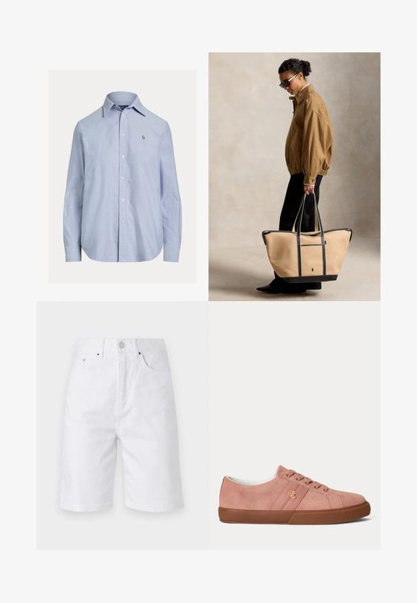 Hellblaues, langärmliges Hemd mit Knopfleiste, spitzem Kragen und kleinem gesticktem Logo auf der linken Brust.; Vanessa Bruno CEDRIC - Jeans Shorts - blanc; Niedriger pinkfarbener Wildleder-Sneaker mit brauner Gummisohle und Schnürsenkeln, mit einem kleinen goldfarbenen RLL-Logo auf der Seitenfläche.; Person trägt eine braune Jacke und schwarze Hose und trägt eine große beige Tragetasche mit schwarzen Griffen und Besatz.