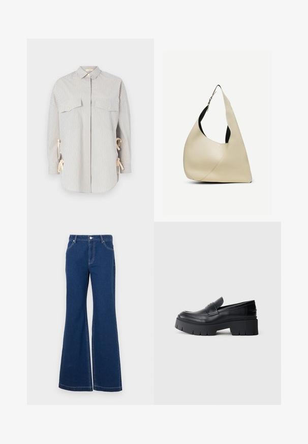 Chemise rayée dans des tons bleu clair et crème, dotée d'un col évasé, de deux poches poitrine avec des boutons dorés, et de liens réglables sur les côtés.; Jeans évasés bleu foncé en denim. Les caractéristiques incluent des passants de ceinture, des poches avant et des coutures contrastées. Ouverture de jambe large.; Mocassin plateforme noir épais avec tige en cuir lisse, sangle décorative et semelle texturée épaisse sur fond blanc.; Sac à bandoulière en cuir lisse couleur crème, de forme triangulaire arrondie, avec une sangle réglable et une boucle en argent.