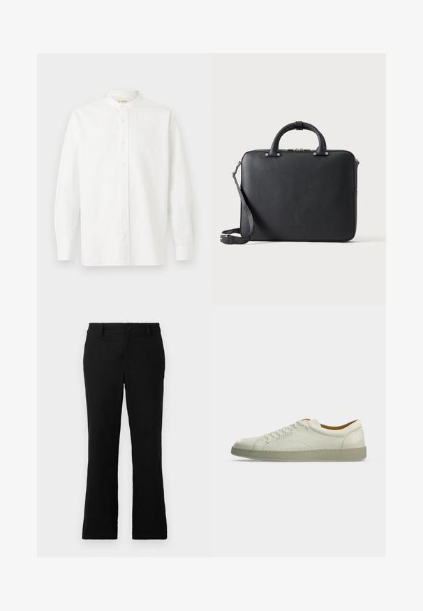 CLOSED COLLARLESS SHIRT - Skjorter - white; Sorte flagrende bukser lavet af en blanding af bomuldsstof, med knaplukning, bælteløkker og en glat tekstur uden synlige mønstre.; Hvid lavtop lædersneaker med beige sål, sidelacing og minimale syningsdetaljer, vist på en ensartet lys grå baggrund.; Sort tekstureret lædermappe med dobbelte håndtag, aftagelig skulderrem og top lynlåslukning på en ensartet lys baggrund.