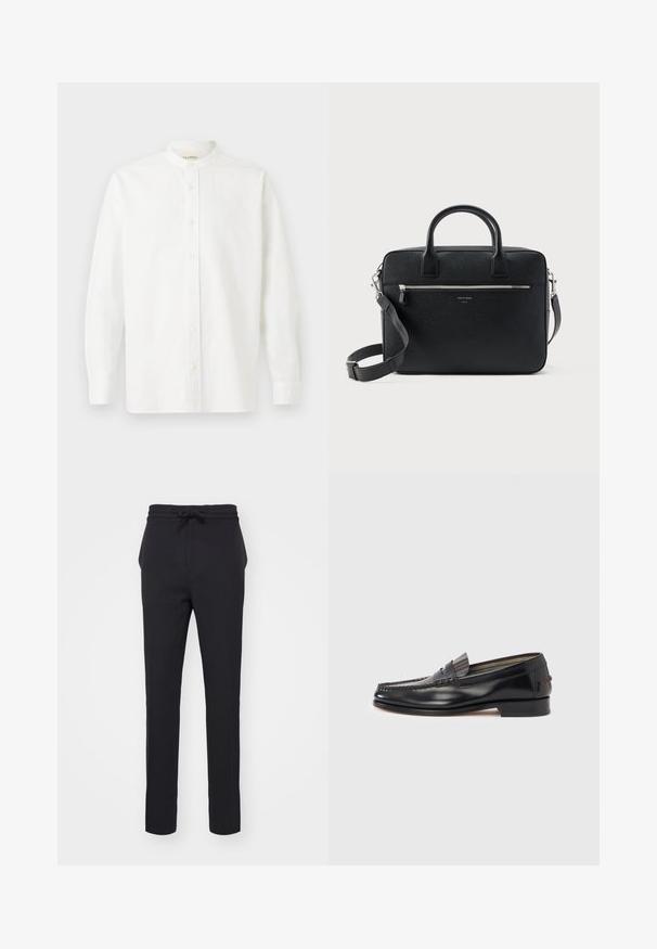 CLOSED COLLARLESS SHIRT - Skjorter - white; Sorte, tætsiddende bukser lavet af et blødt stof. Har en elastisk talje med snore og sidelommer med en glat overflade.; Sorte læderloafers med moccasin-design, der har en dekorativ bånd og syningsdetaljer på overdelen. Lav blokhæl.; Sort struktureret rektangulær lædermappe med dobbelthåndtag, lynlåslomme foran og justerbar skulderrem vist på hvid baggrund.