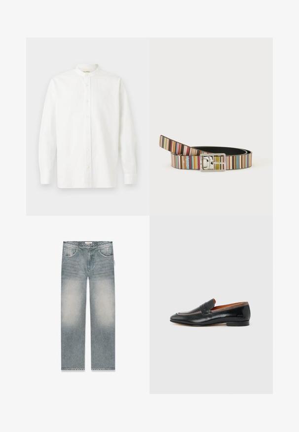 CLOSED COLLARLESS SHIRT - Košeľa - white; Sivé vyblednuté rifle s rovnými nohavicami, štyrmi vreckami, pútkami na opasok, zapínaním na gombík a jemným opotrebovaním pri predných vreckách.; Pánsky mokasín z čiernej kože s hnedým lemom, prešívanými detailmi a nízkym podpätkom na jednoduchom svetlom pozadí.; Pruhovaný opasok s viacerými vertikálnymi farbami a lesklou striebornou obdĺžnikovou prackou, stočený na jednoduchom bielom pozadí.
