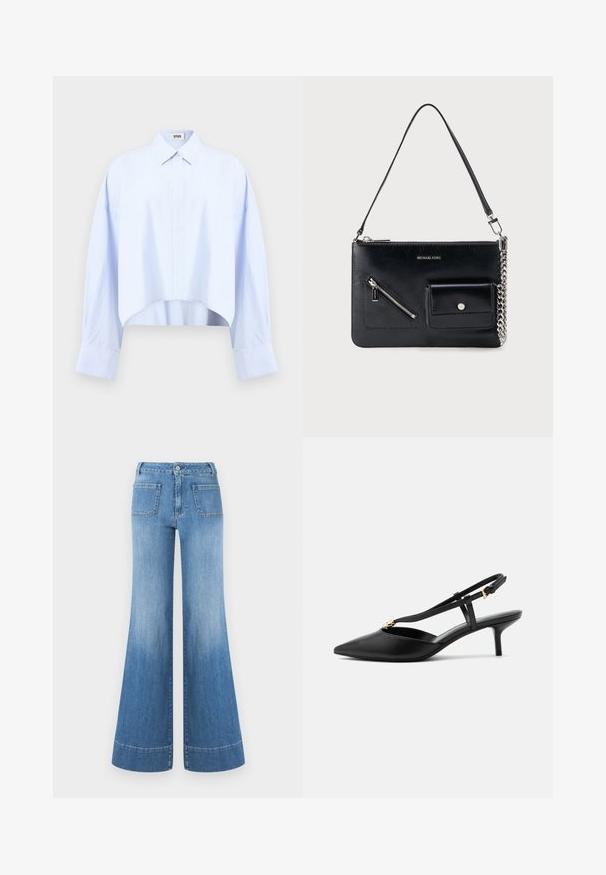 Chemise courte à manches longues bleu clair avec un col classique, une patte de boutonnage cachée et des épaules tombantes sur un fond uni.; Jean en denim bleu clair à coupe évasée avec une taille haute, présentant un lavage délavé, des coutures contrastantes et deux poches arrière. Bas évasé avec ourlets.; Escarpin slingback en cuir noir à petit talon kitten, bout pointu, fine bride en T, boucle réglable et petite décoration dorée sur la bride.; Sac à bandoulière en cuir noir Michael Kors avec fermeture éclair supérieure, poche avant zippée en diagonale, poche à rabat avec bouton-pression et détail en chaîne argentée.