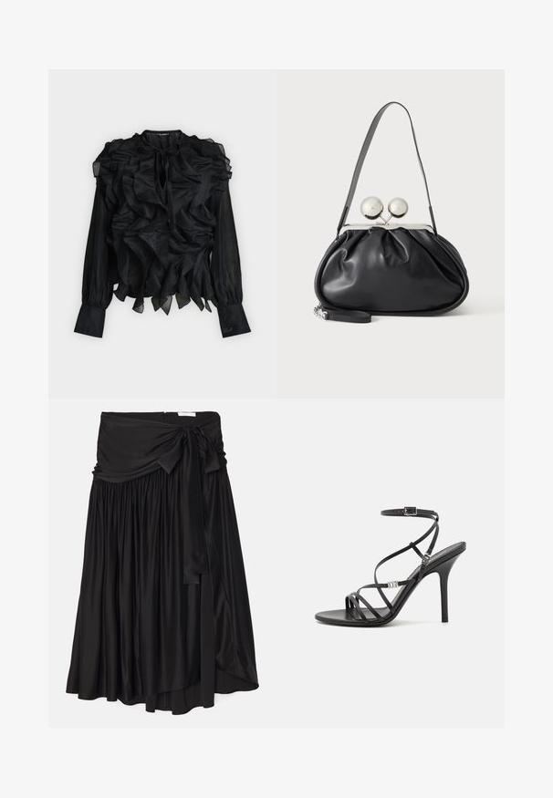 Blouse noire à manches longues avec volants superposés sur le devant et les épaules, encolure goutte d'eau avec lien, et poignets ajustés avec détail brodé.; Jupe noire en tissu lisse et fluide ; présente une large ceinture drapée avec un lien et des plis pour une silhouette aérienne.; Sandale noire à talons hauts avec des brides fines, une boucle à la cheville, une surface en cuir lisse et un talon aiguille élancé.; Sac à main en cuir noir avec un design plissé, une sangle unique, un cadre métallique argenté et deux grandes fermoirs ronds en argent.