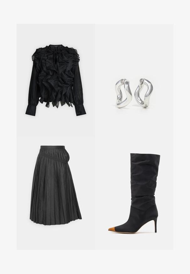 Blouse noire à manches longues avec volants superposés sur le devant et les épaules, encolure goutte d'eau avec lien, et poignets ajustés avec détail brodé.; MM6 Maison Margiela MIDI - Jupe plissée - black; Bottines en satin noir à talons hauts avec un haut flou, bout pointu et embout en cuir beige contrastant. Elles présentent un talon aiguille élancé.; Boucles d'oreilles créoles argentées avec un design torsadé. Bords arrondis et finition brillante. Fermoirs ouverts pour un port facile. Texture lisse sur toute la surface.