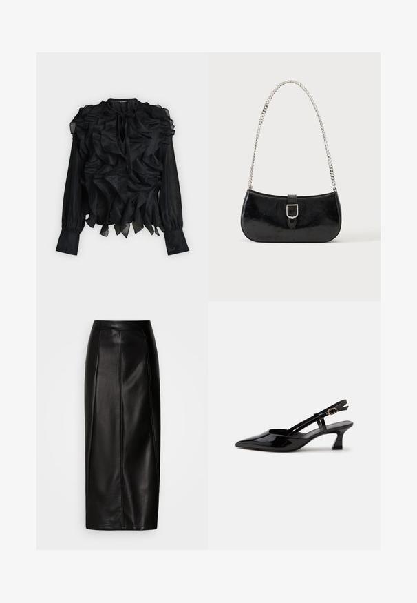 Blouse noire à manches longues avec volants superposés sur le devant et les épaules, encolure goutte d'eau avec lien, et poignets ajustés avec détail brodé.; Jupe midi en cuir noir avec une taille ajustée, une texture lisse, des détails de coutures apparentes et une silhouette droite. Aucune décoration présente.; Chaussure slingback en cuir verni noir à petit talon, bout pointu et bride réglable avec boucle dorée sur fond blanc.; Sac à épaule en cuir verni noir avec détail de boucle argentée et bandoulière en chaîne argentée, présenté sur un fond uni clair.