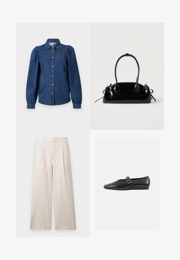 Tume sinine denim särgiga, millel on pikad puhviga varrukad, nööpidega esiosa ja klassikaline krae. Omab kahte küljetaskut ja kergelt kaarduvat hemmi.; ONLY ONLLANDO PLEAT CULOTTE PANT - Püksid - pumice stone; Must mustril leedjalats, millel on terav varvas, metallist pandla rihm üle jala ja madal, paindlik tall.; Väike must läikiv käekott kahe pika sangaga ja külgedel paelakinnitustega, ühel lihtsal helel taustal.